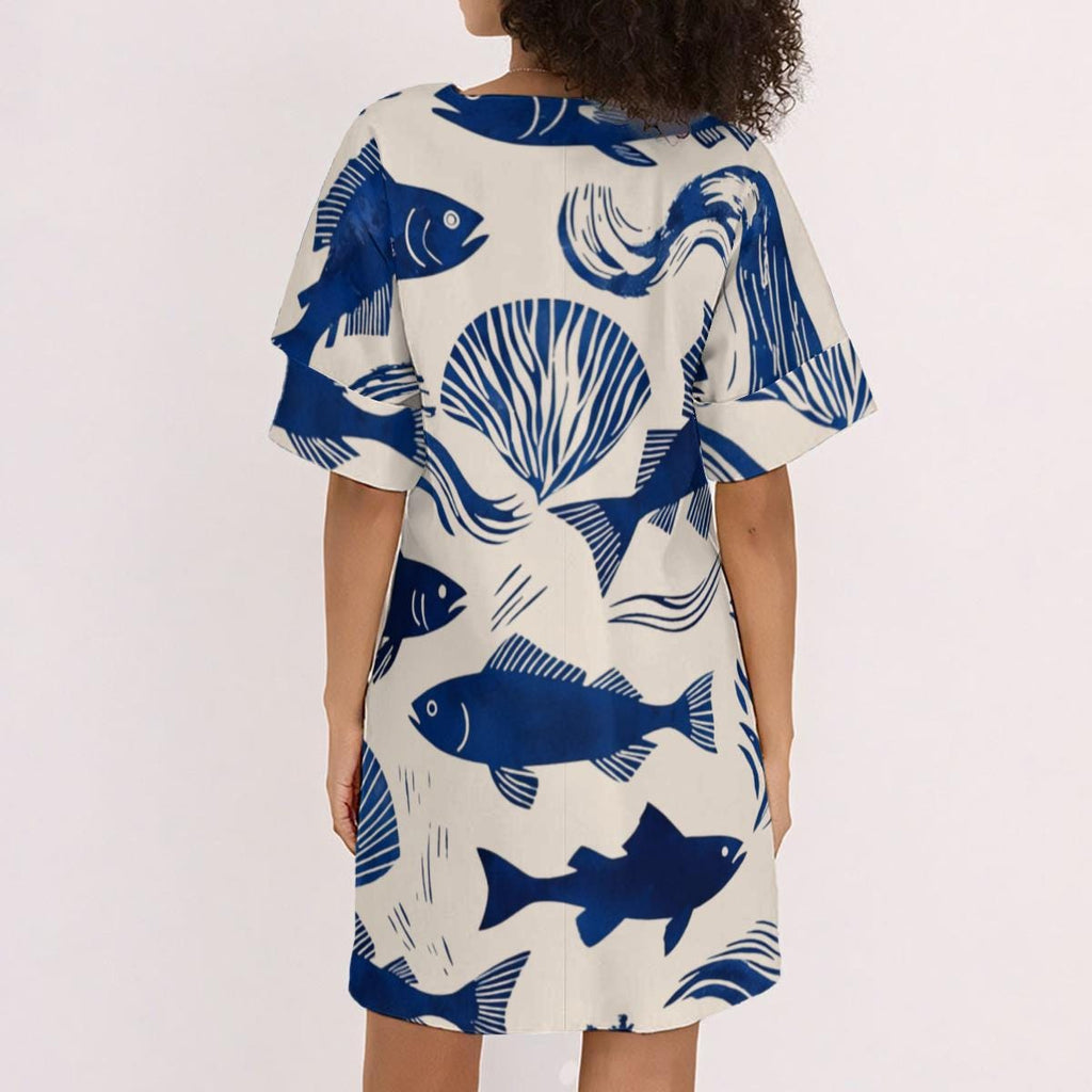 Coastal Fish Print Tunic Dress | Relaxed V-Neck Beach Dress