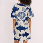 Coastal Fish Print Tunic Dress | Relaxed V-Neck Beach Dress