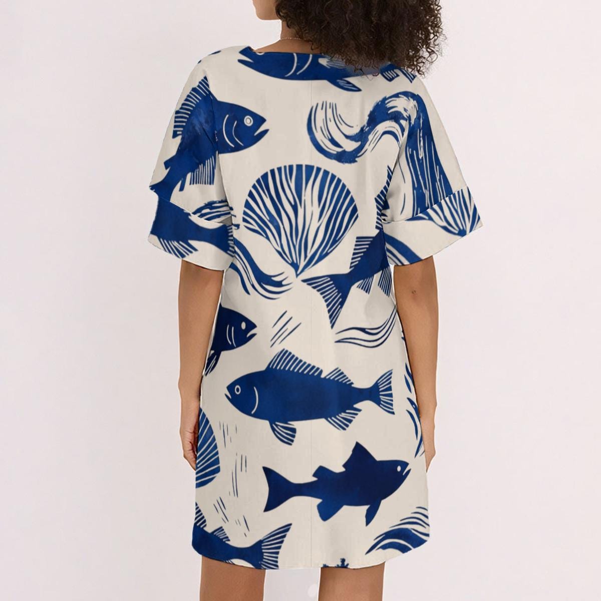 Coastal Fish Print Tunic Dress | Relaxed V-Neck Beach Dress