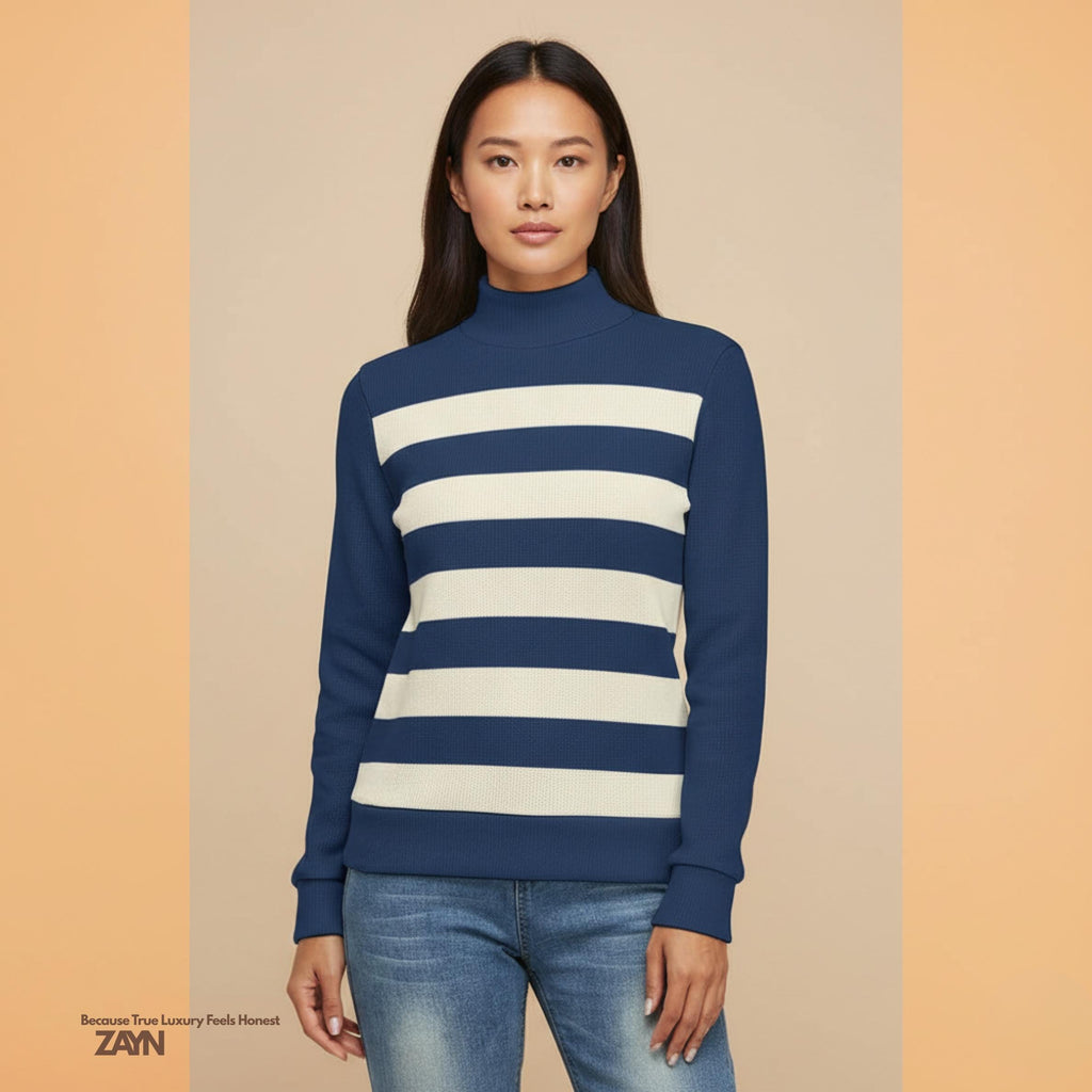 Navy Cream Striped Turtleneck Sweater | Quiet Luxury Winter Knit