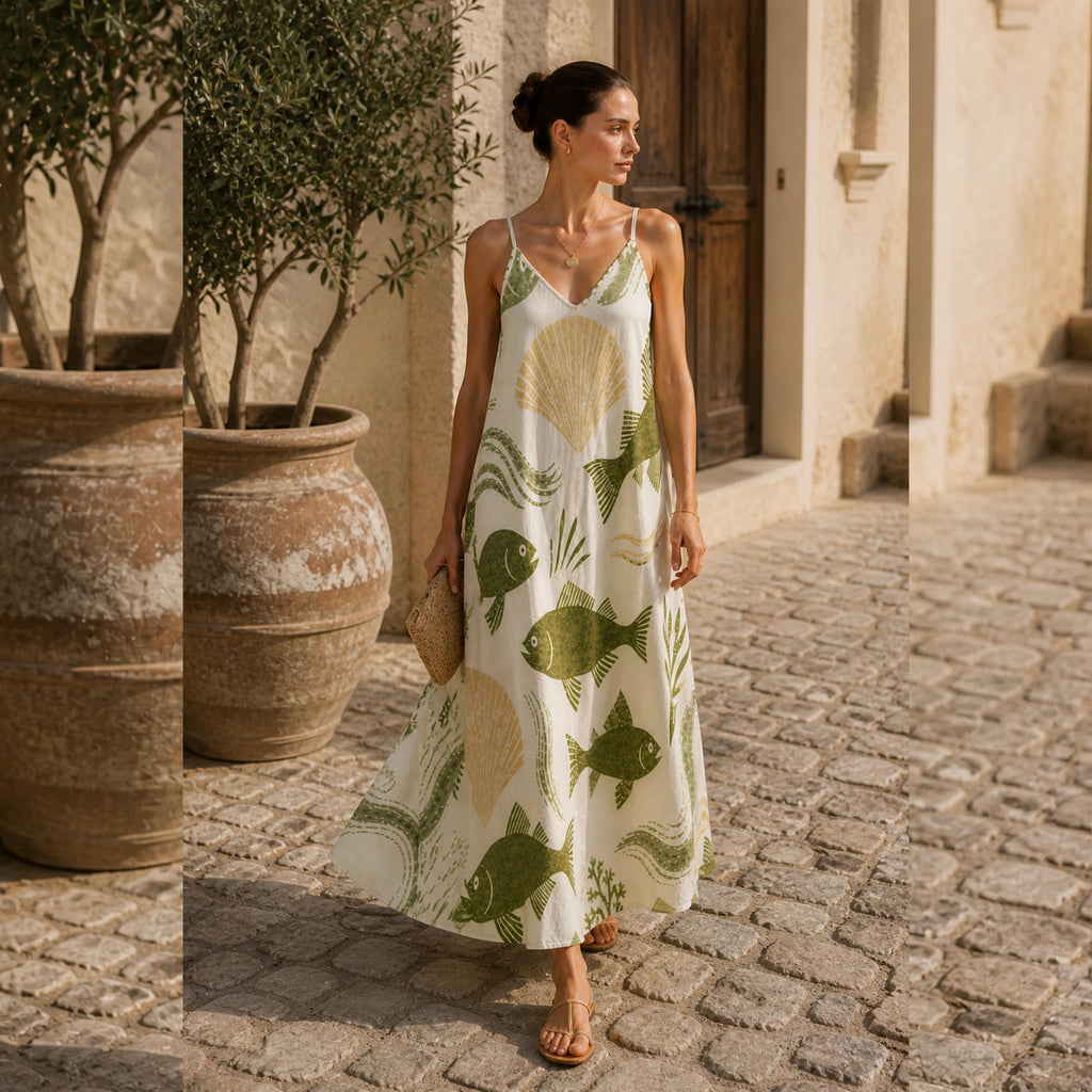 Coastal Fish Print Maxi Dress | Elegant Mediterranean Resort Dress