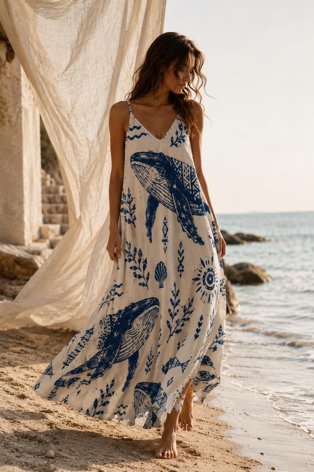 Mediterranean Whale Maxi Dress | Blue White Greek Island Dress