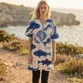 Coastal Fish Print Tunic Dress | Relaxed V-Neck Beach Dress