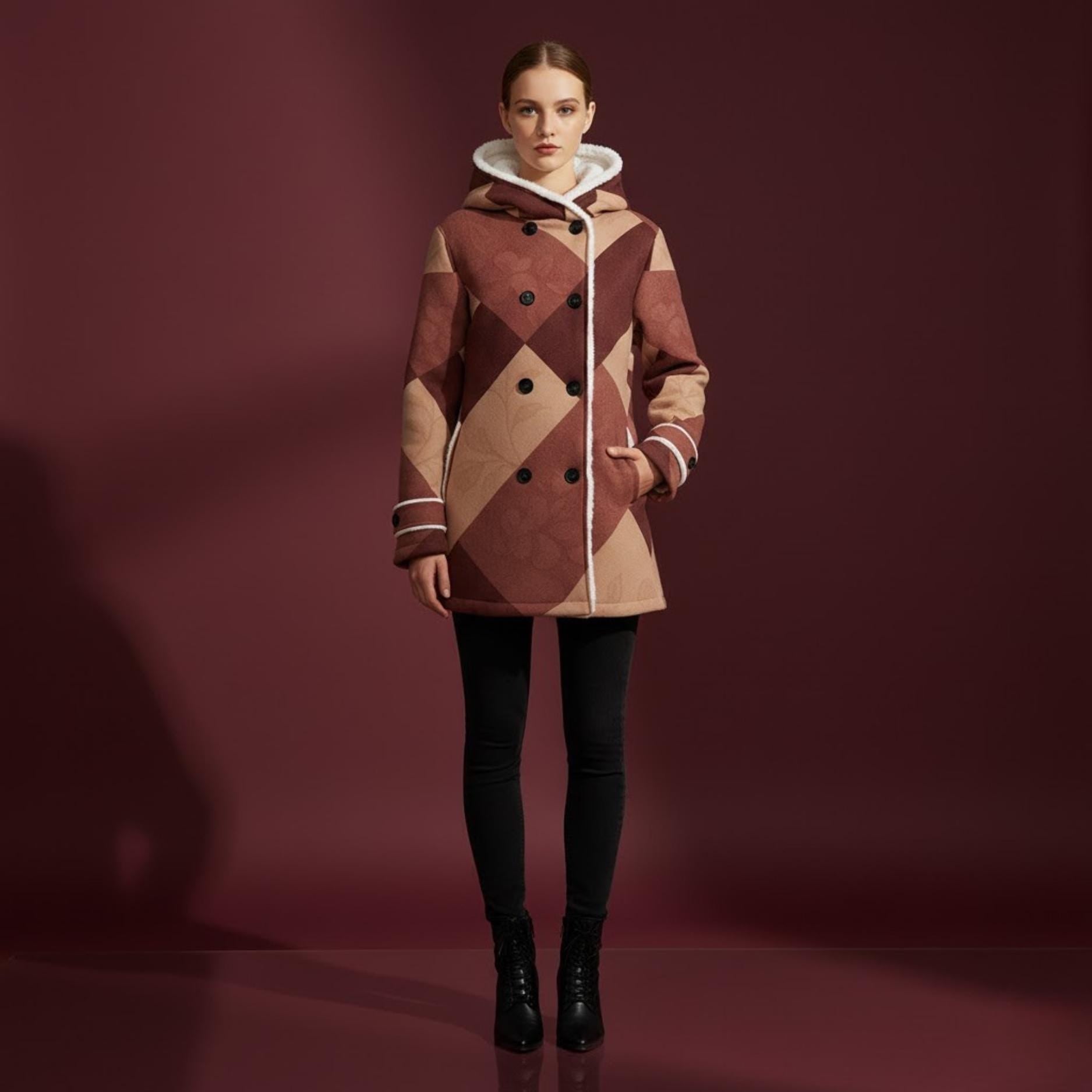 Burgundy Geometric Winter Coat | Fleece-Lined Quiet Luxury Jacket