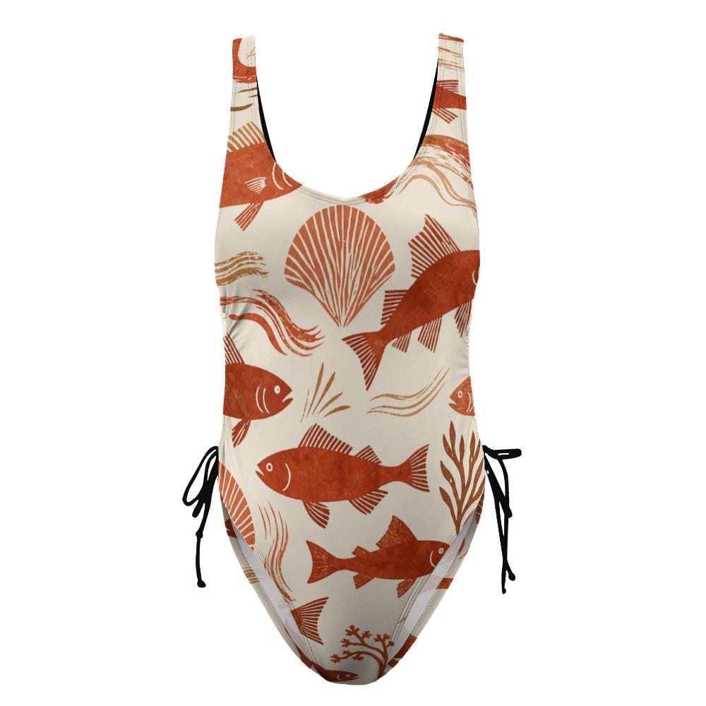 Terracotta Fish One-Piece Swimsuit | Mediterranean Coastal Swimwear