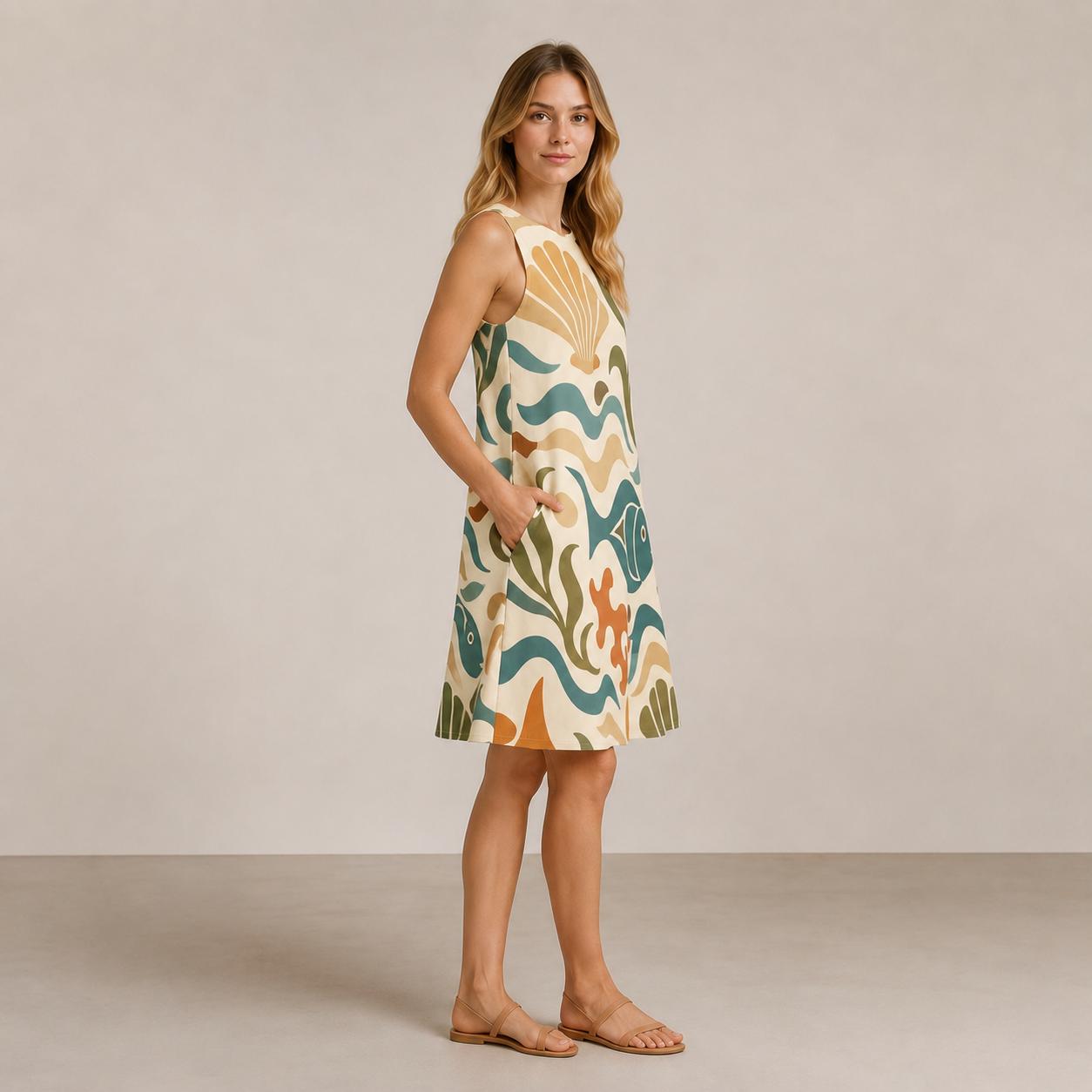 Mediterranean Fish A-Line Dress | Coastal Resort Pocket Dress