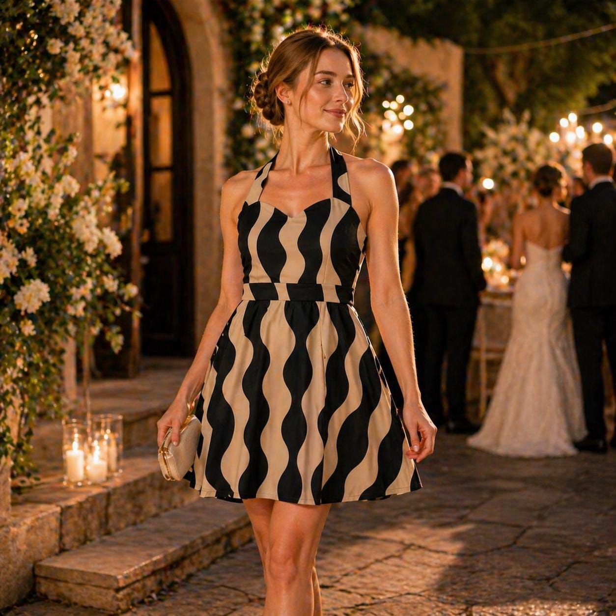 Black Beige Halter Mini Dress | Wedding Guest Date Night Dress