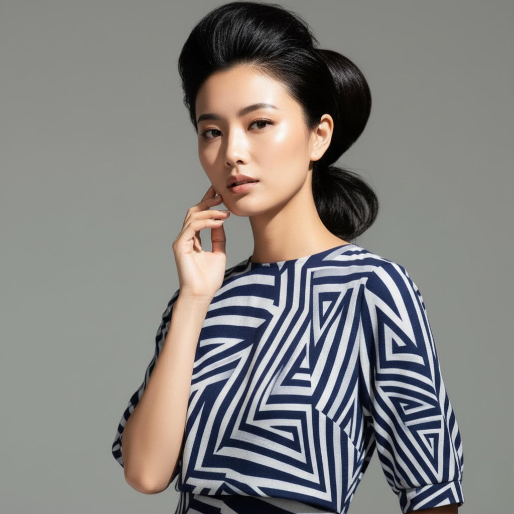 Navy Geometric Midi Dress | Modern Art A-Line Statement Dress