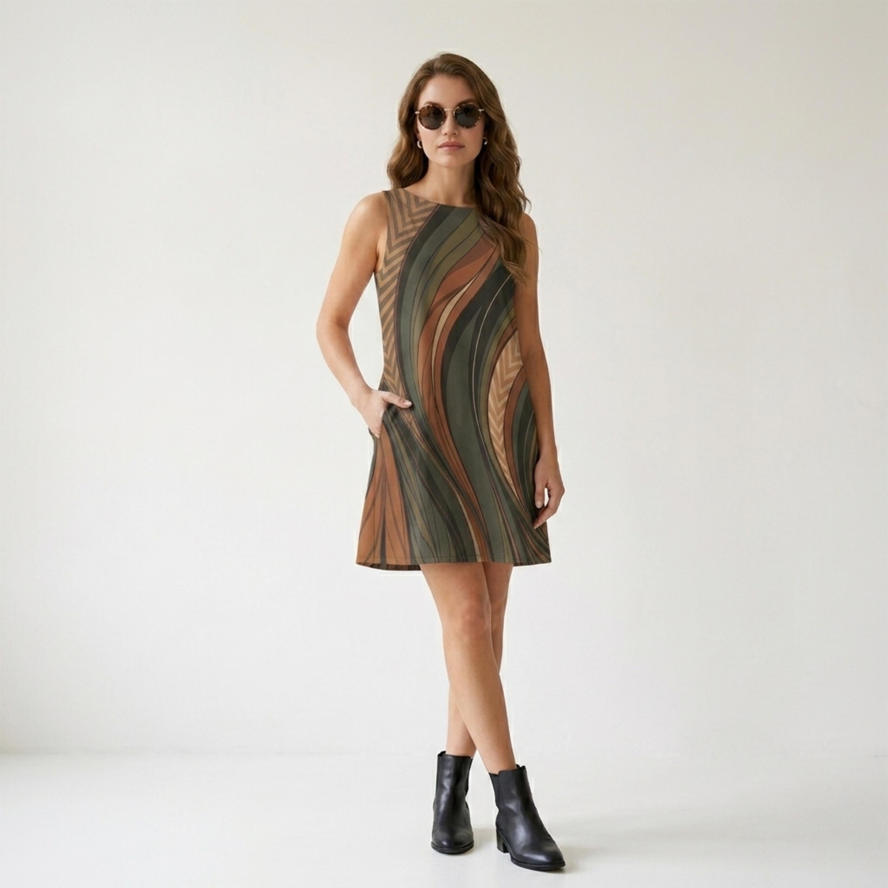 Retro Wave A-Line Midi Dress | Earth Tone Pocket Dress