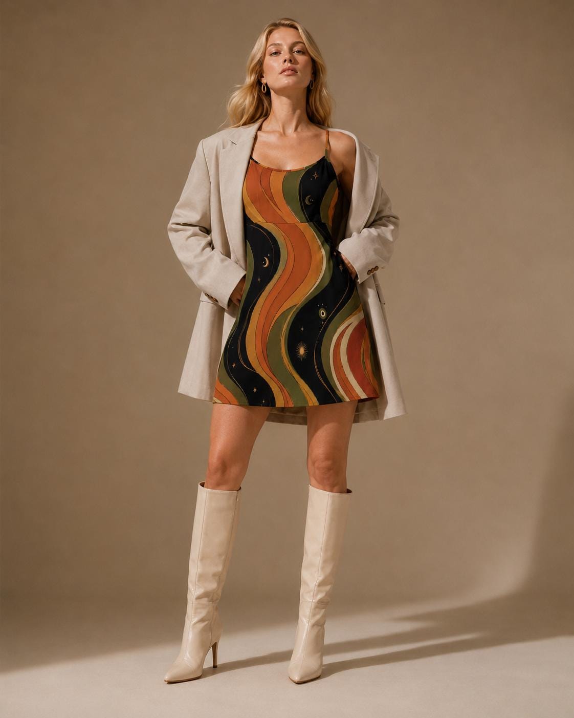 Celestial Retro Mini Dress | Moon Star Spaghetti Strap Sundress