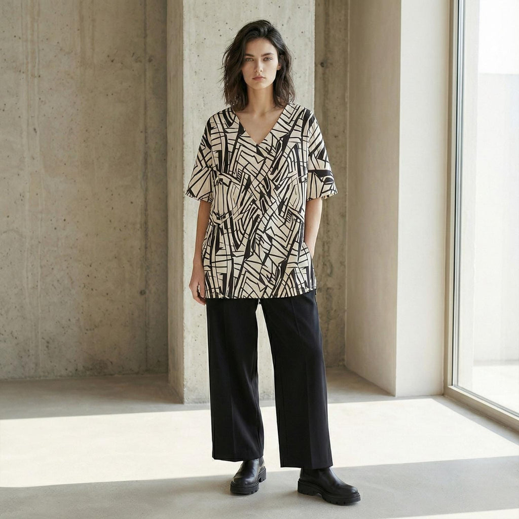 Architectural Cotton Tunic Top | Geometric V-Neck Artwear Blouse