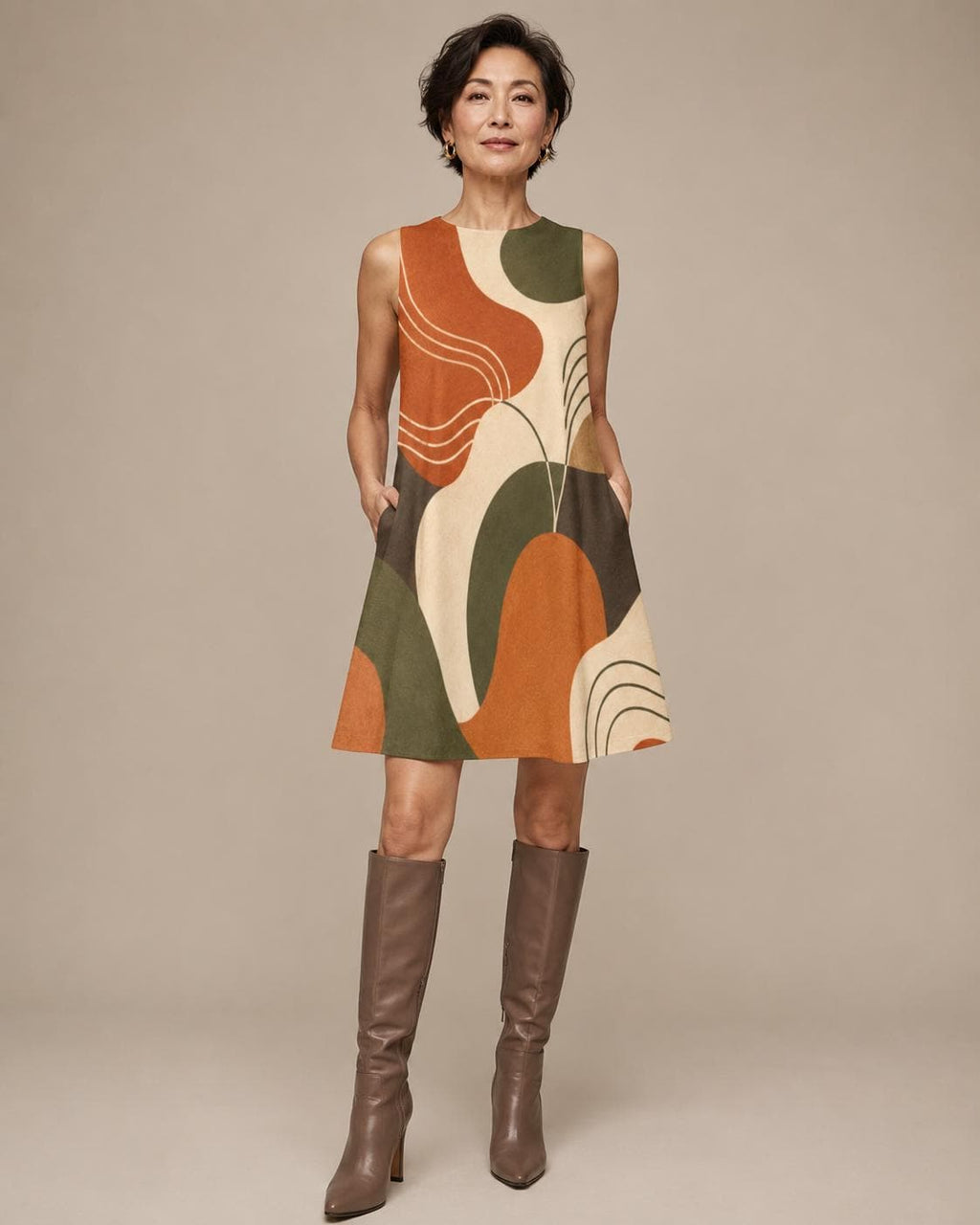 Earthy Abstract A-Line Mini Dress | Retro Coastal Pocket Dress