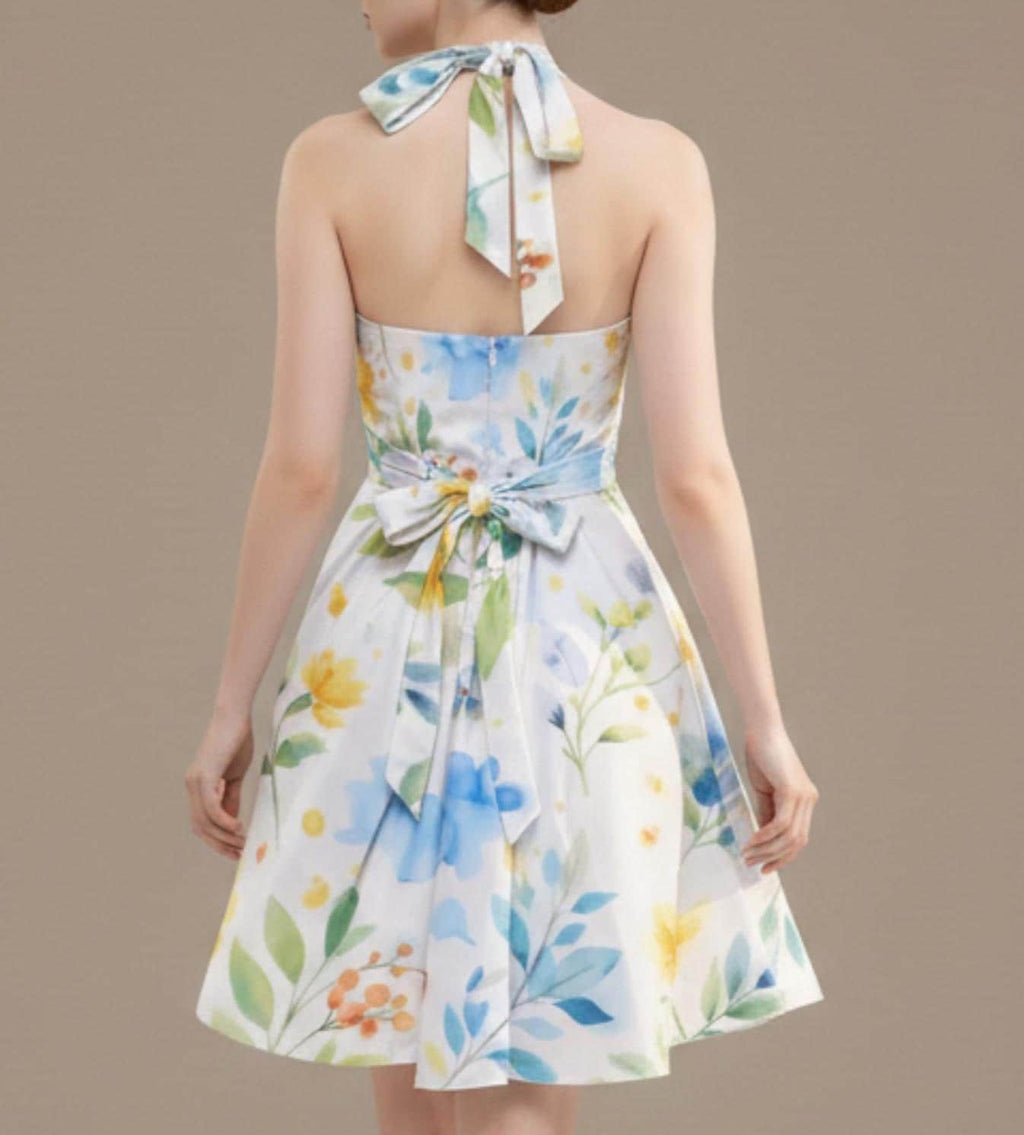 Watercolor Floral Halter Dress | Blue Yellow Skater Sundress