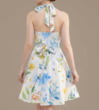 Watercolor Floral Halter Dress | Blue Yellow Skater Sundress