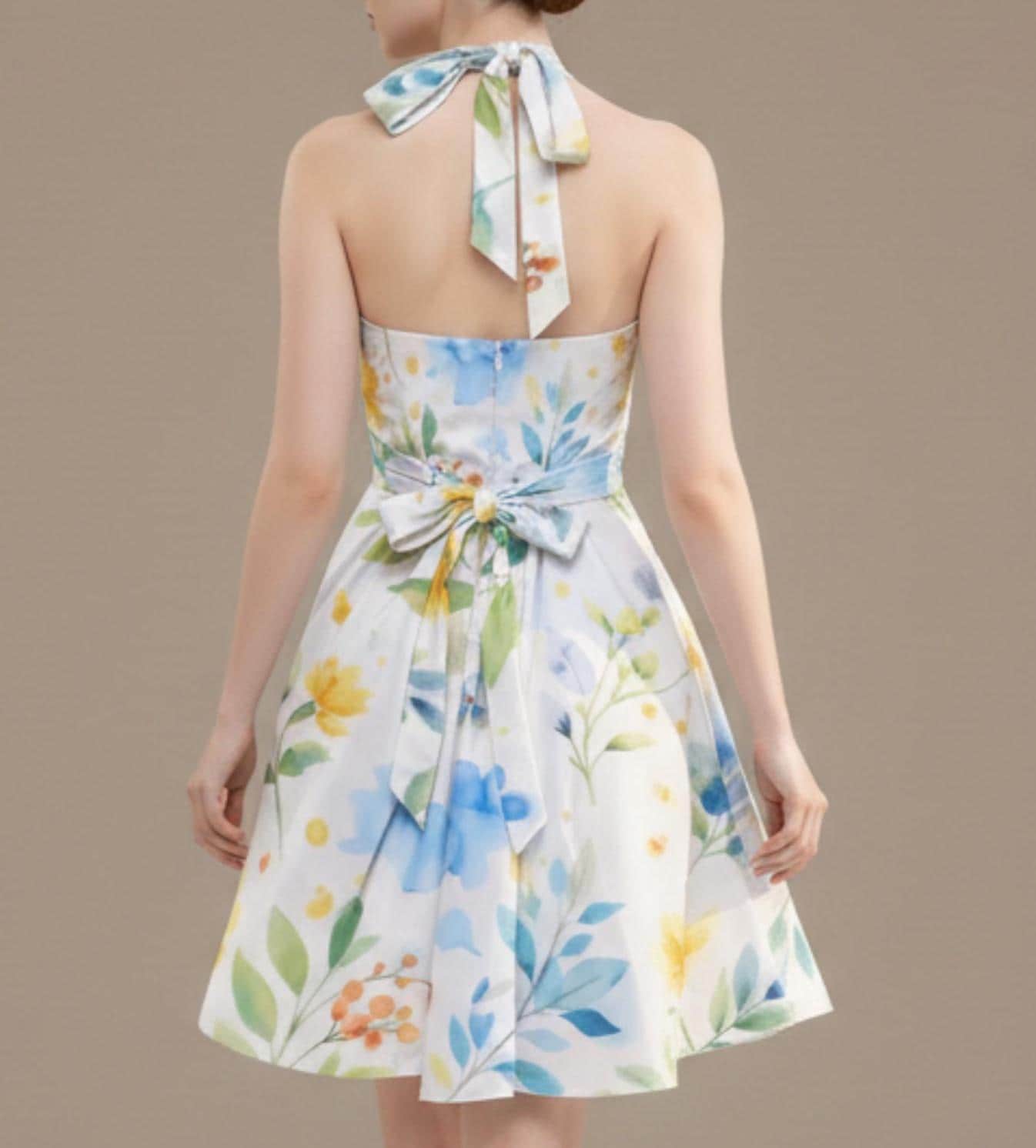 Watercolor Floral Halter Dress | Blue Yellow Skater Sundress