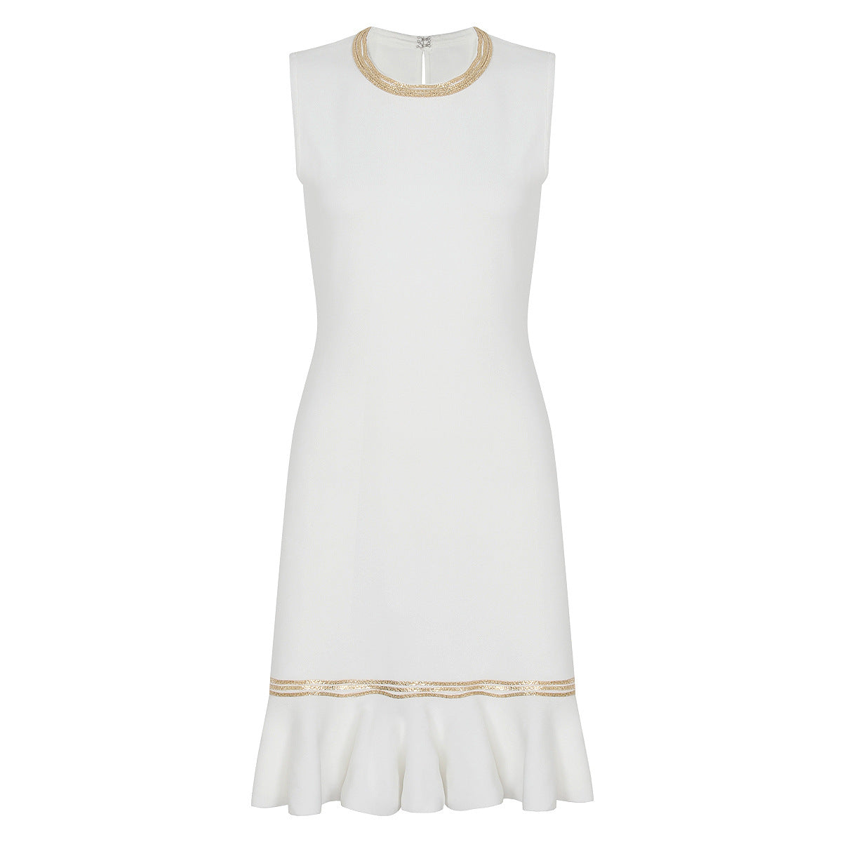 Gold-Trim Sleeveless Flounce-Hem Midi Dress