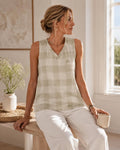 Neutral Gingham V-Neck Top | Minimalist Coastal Tank Blouse
