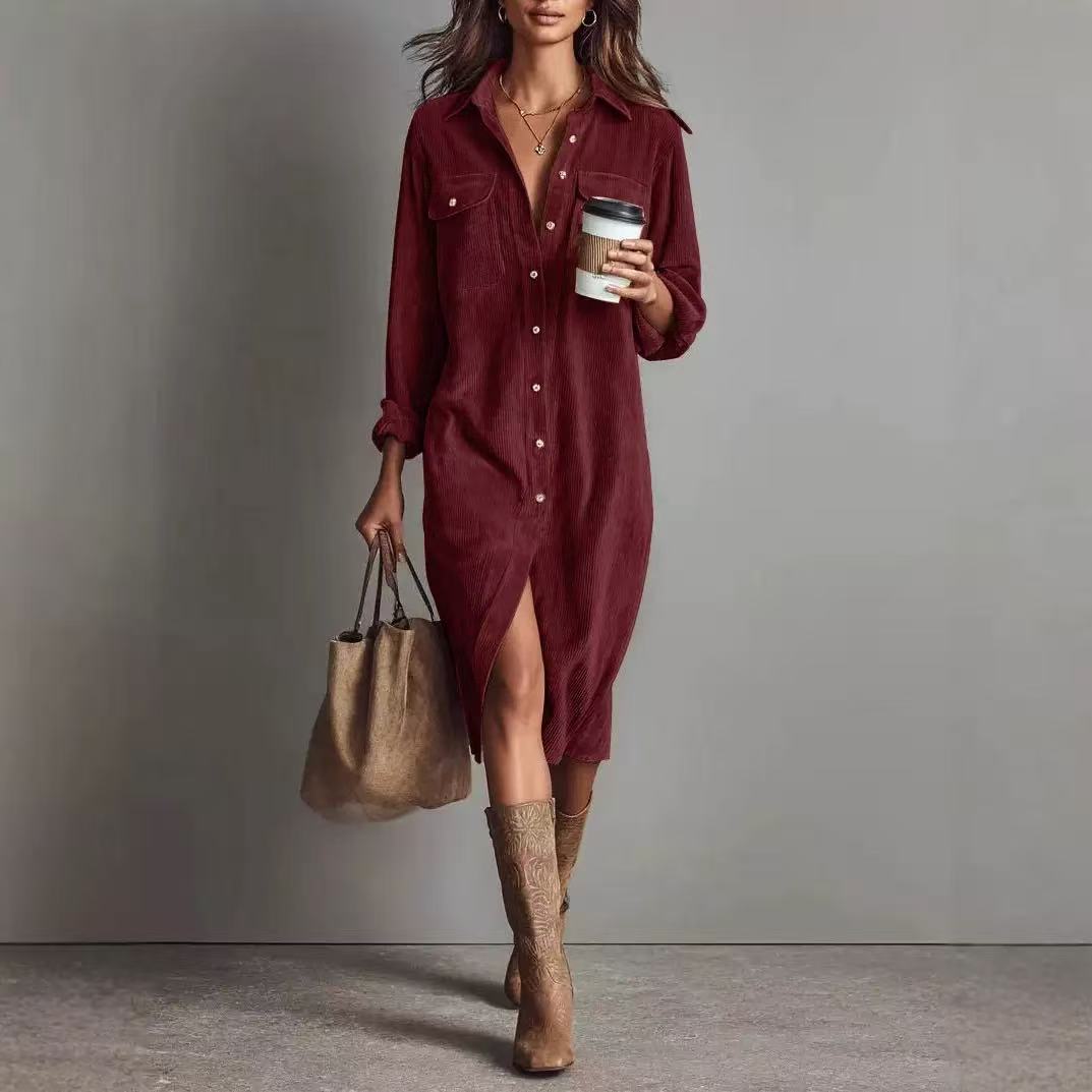Corduroy Polo-Collar Long-Sleeve Midi Dress