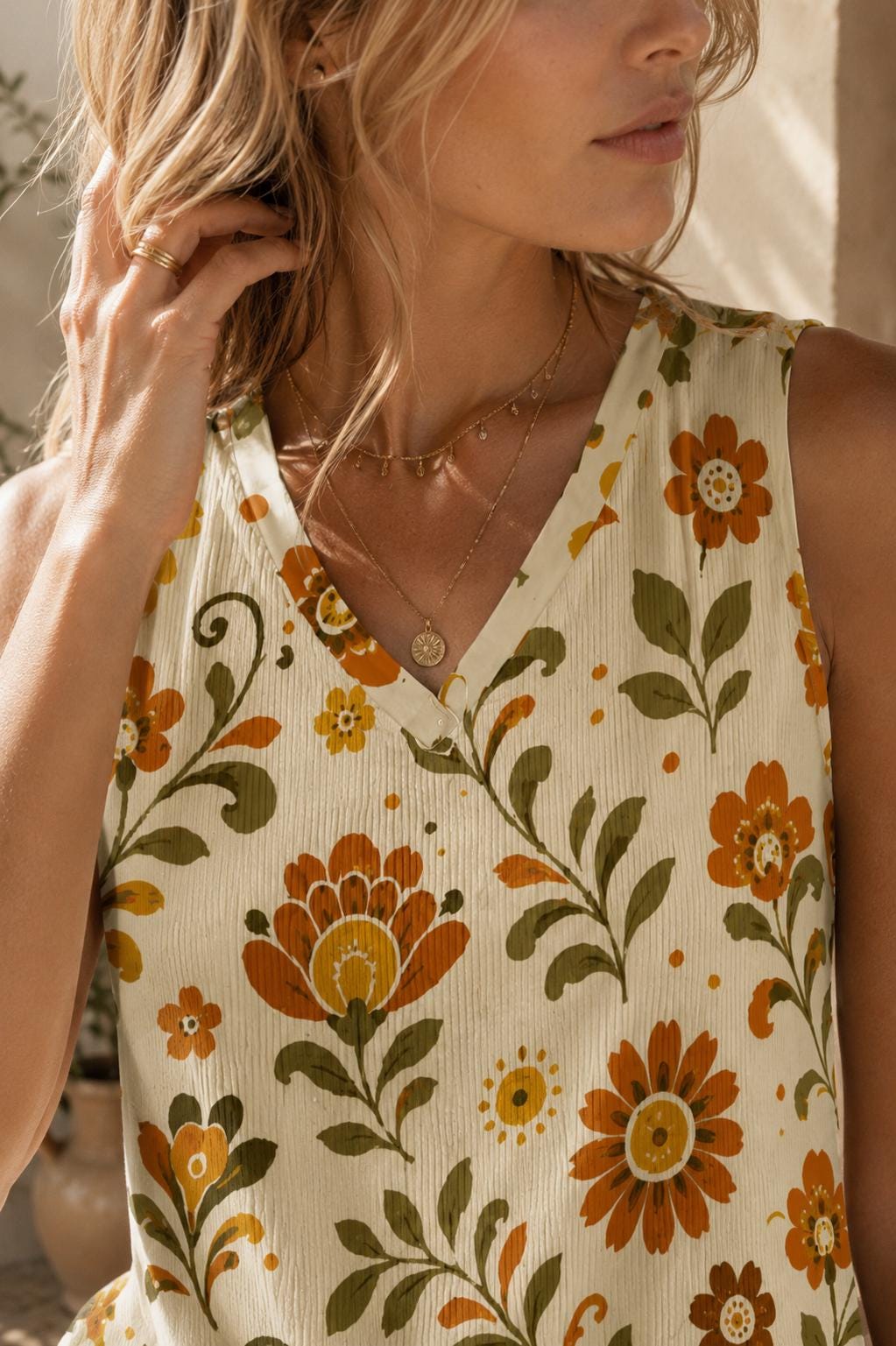 Retro Floral V-Neck Tank Top | 70s Boho Summer Blouse