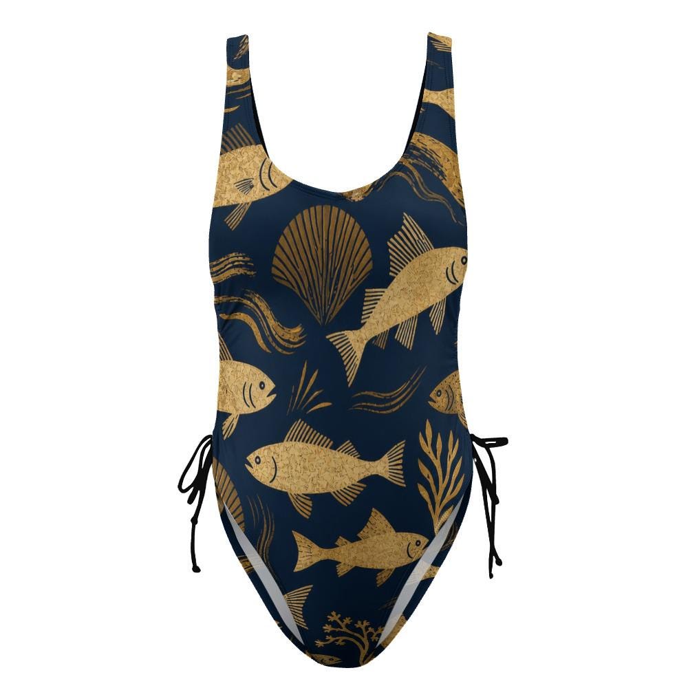 Navy Gold Fish One-Piece Swimsuit | Nautical Resort Swimwear