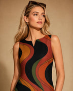 Retro Abstract A-Line Dress | 70s Earth Tone Pocket Dress