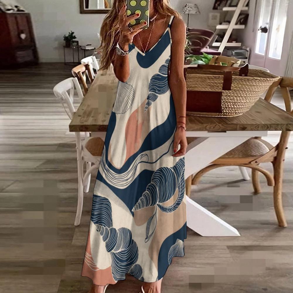 Coastal Shell Print Maxi Dress | Sleeveless Resort Vacation Dress