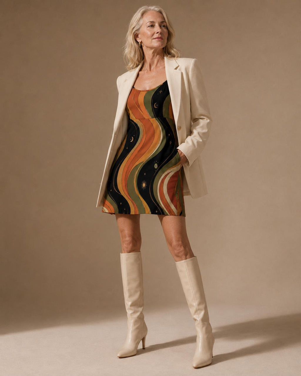 Celestial Retro Mini Dress | Moon Star Spaghetti Strap Sundress
