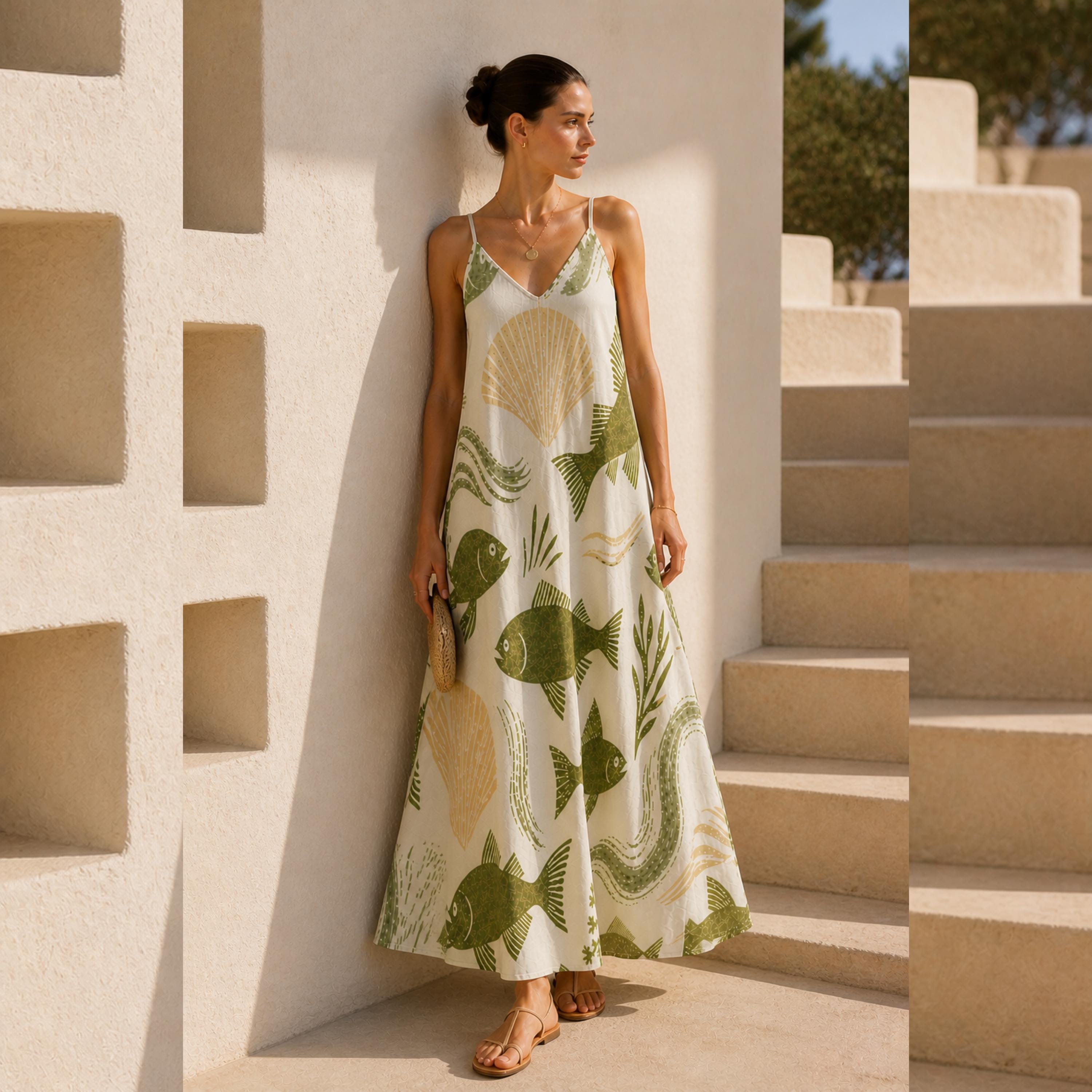 Coastal Fish Print Maxi Dress | Elegant Mediterranean Resort Dress
