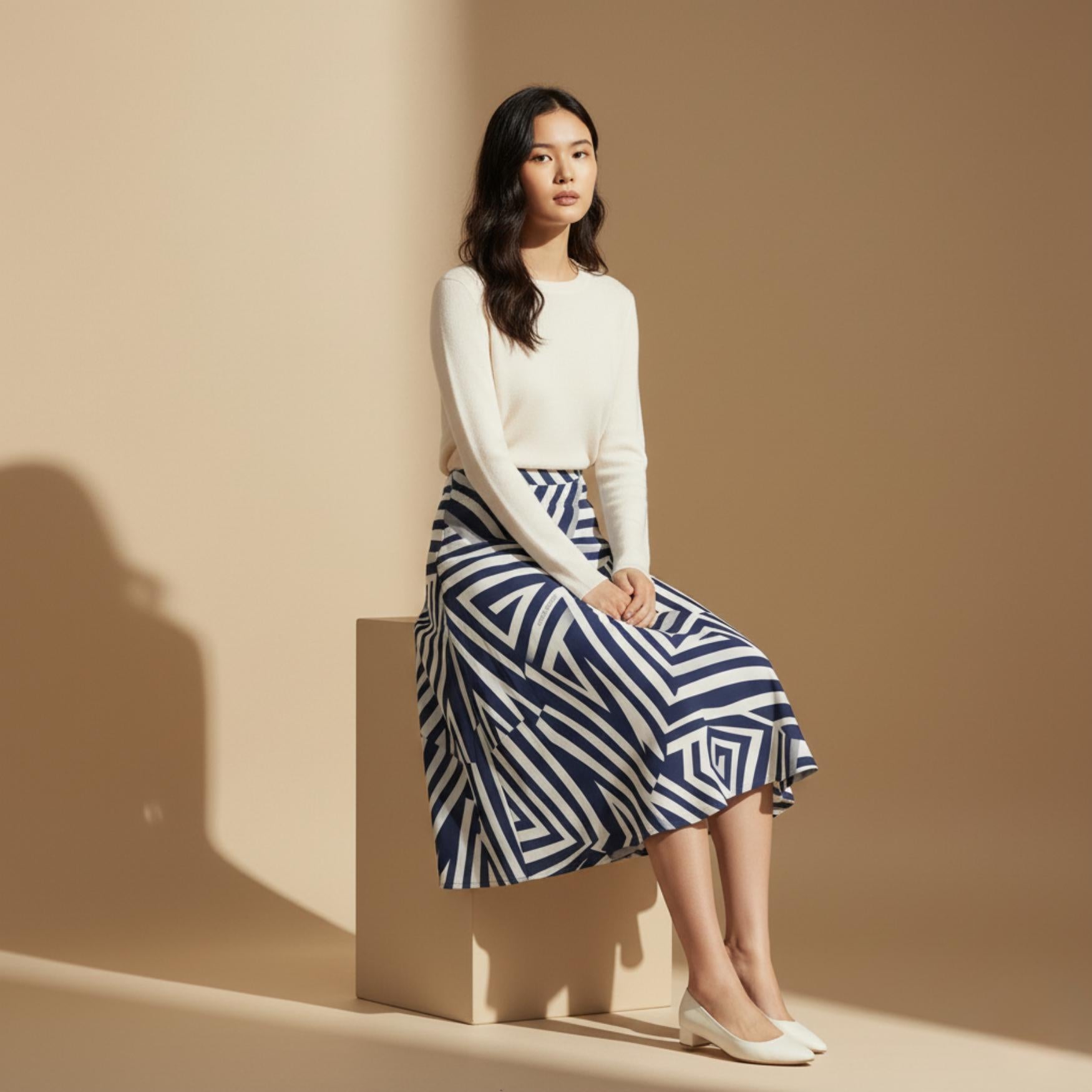 Navy Geometric Maxi Skirt | Architectural Wearable Art Skirt