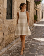 Scandinavian Gingham Resort Dress | Beige Coastal A-Line Pocket Dress