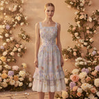 Pastel Baroque Floral Midi Dress | Romantic Garden Party Dress