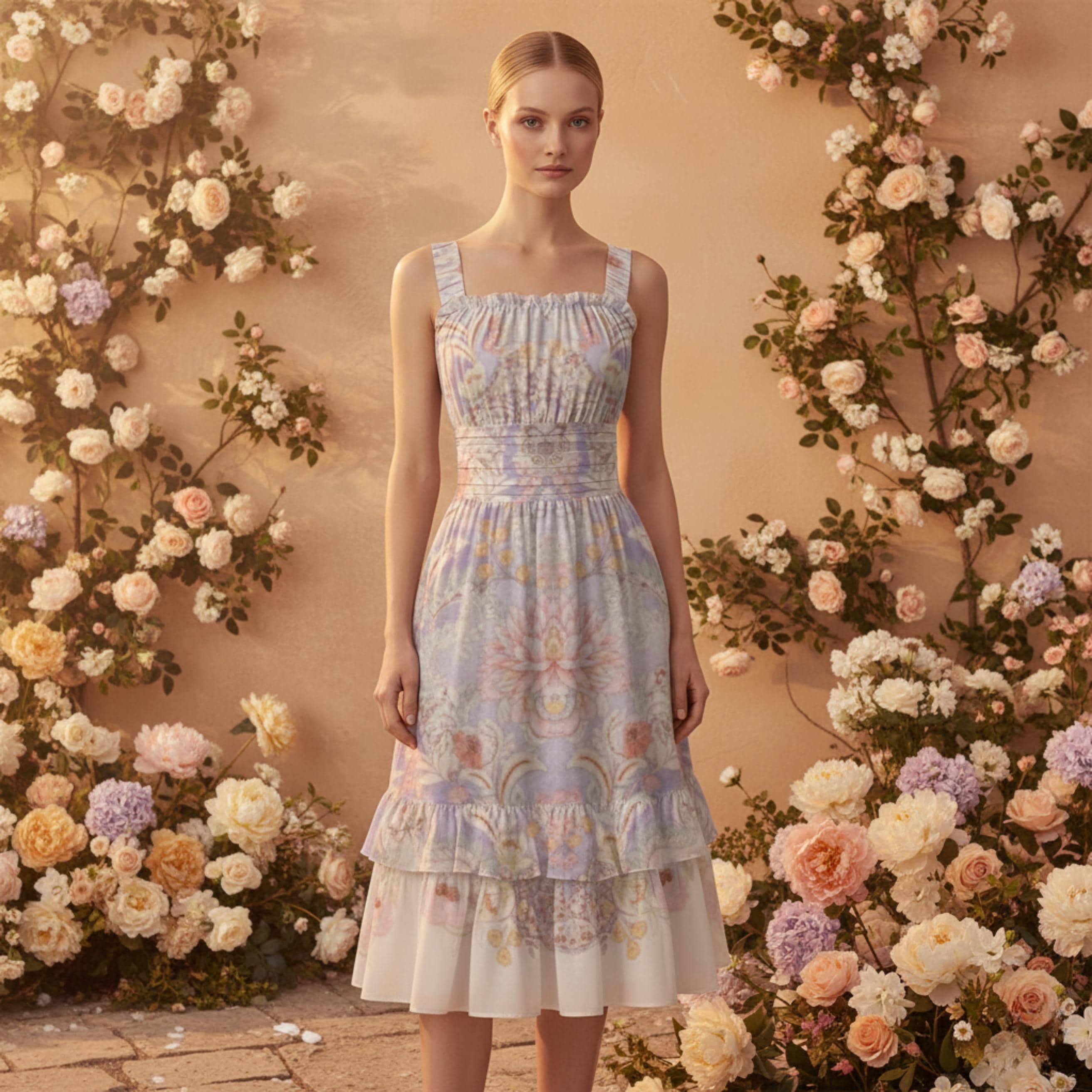 Pastel Baroque Floral Midi Dress | Romantic Garden Party Dress