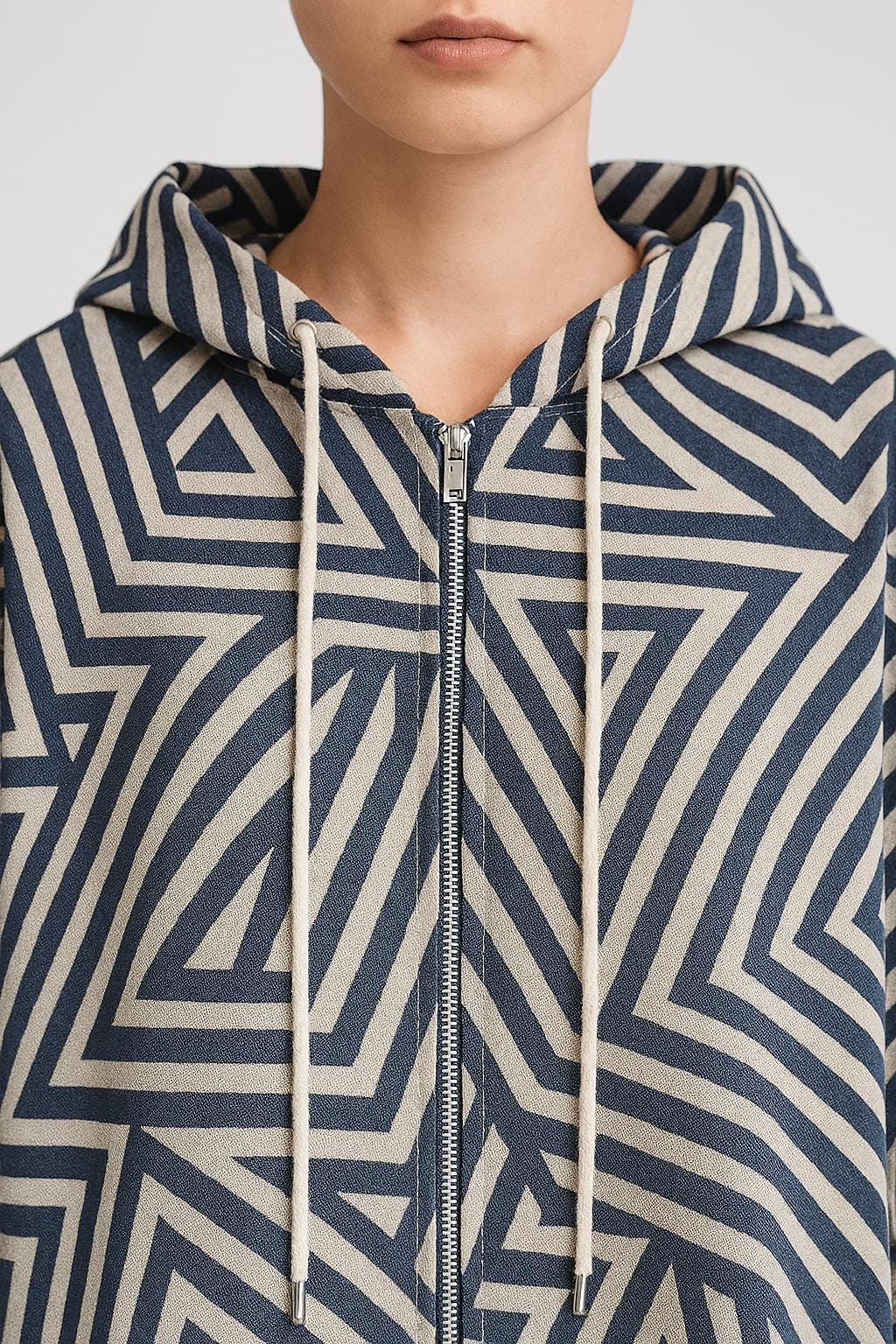 Navy Geometric Maze Zip Hoodie | Abstract Quiet Luxury Streetwear