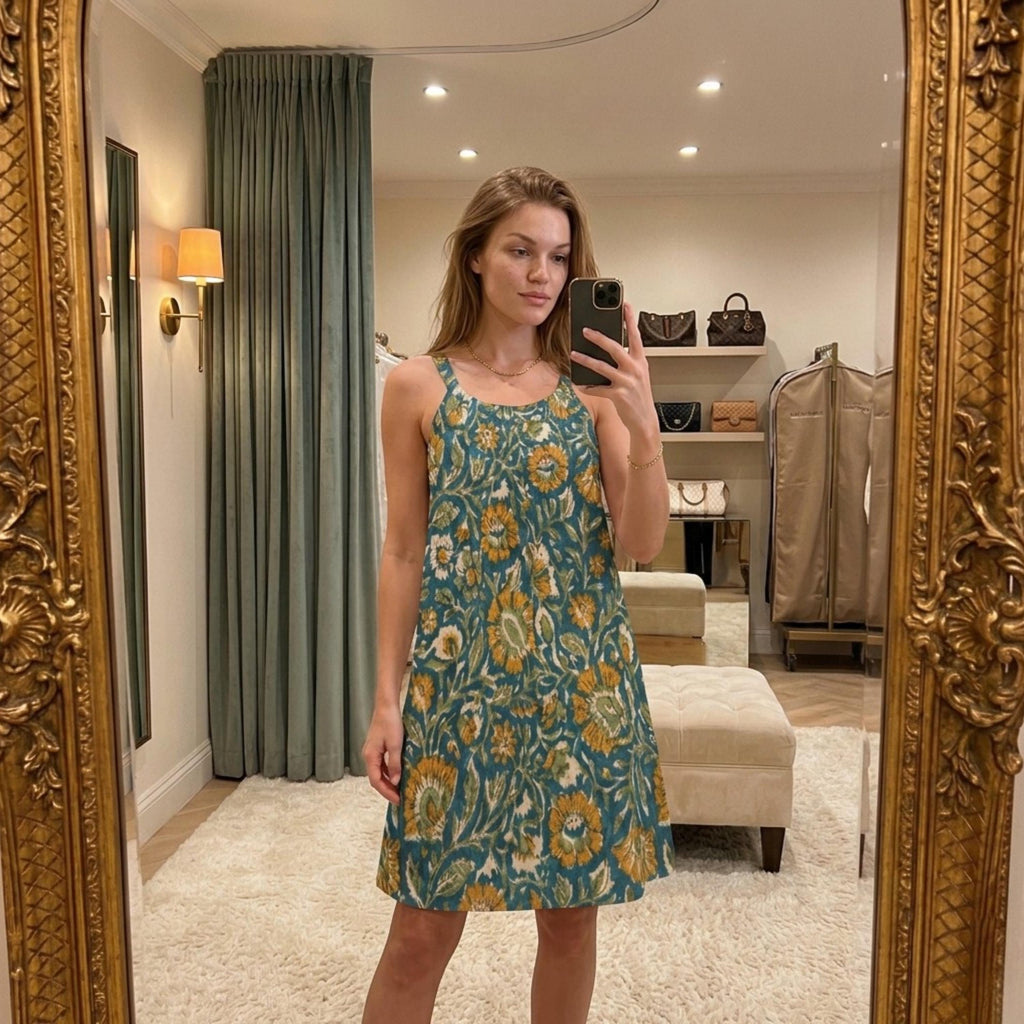 Cotton Floral Midi Dress | Sleeveless Loose Fit Summer Sundress