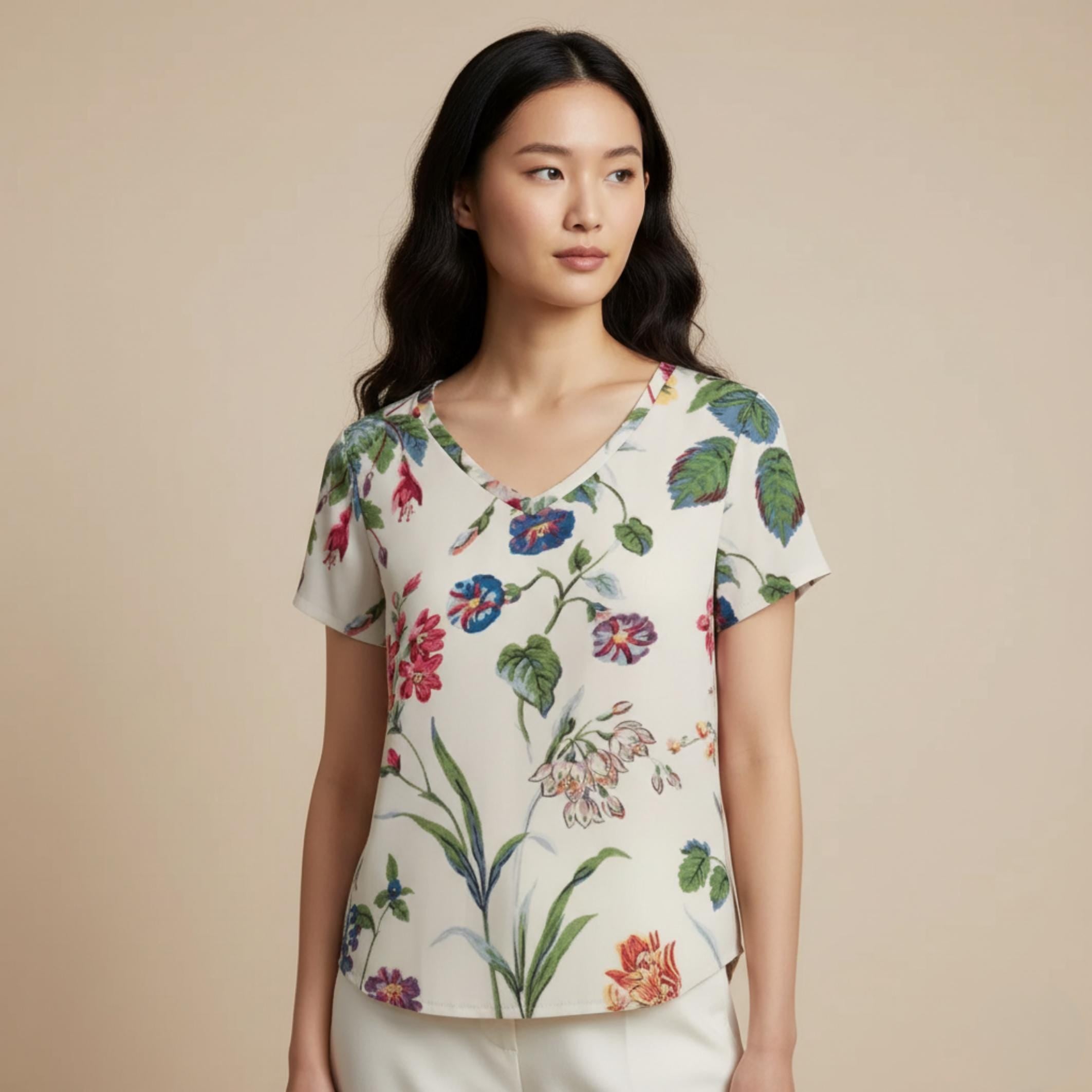 Boho Floral V-Neck Blouse | Lightweight Leaf Print Summer Top