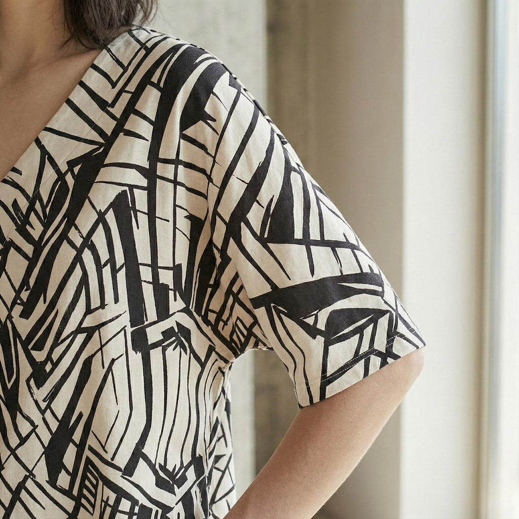 Architectural Cotton Tunic Top | Geometric V-Neck Artwear Blouse