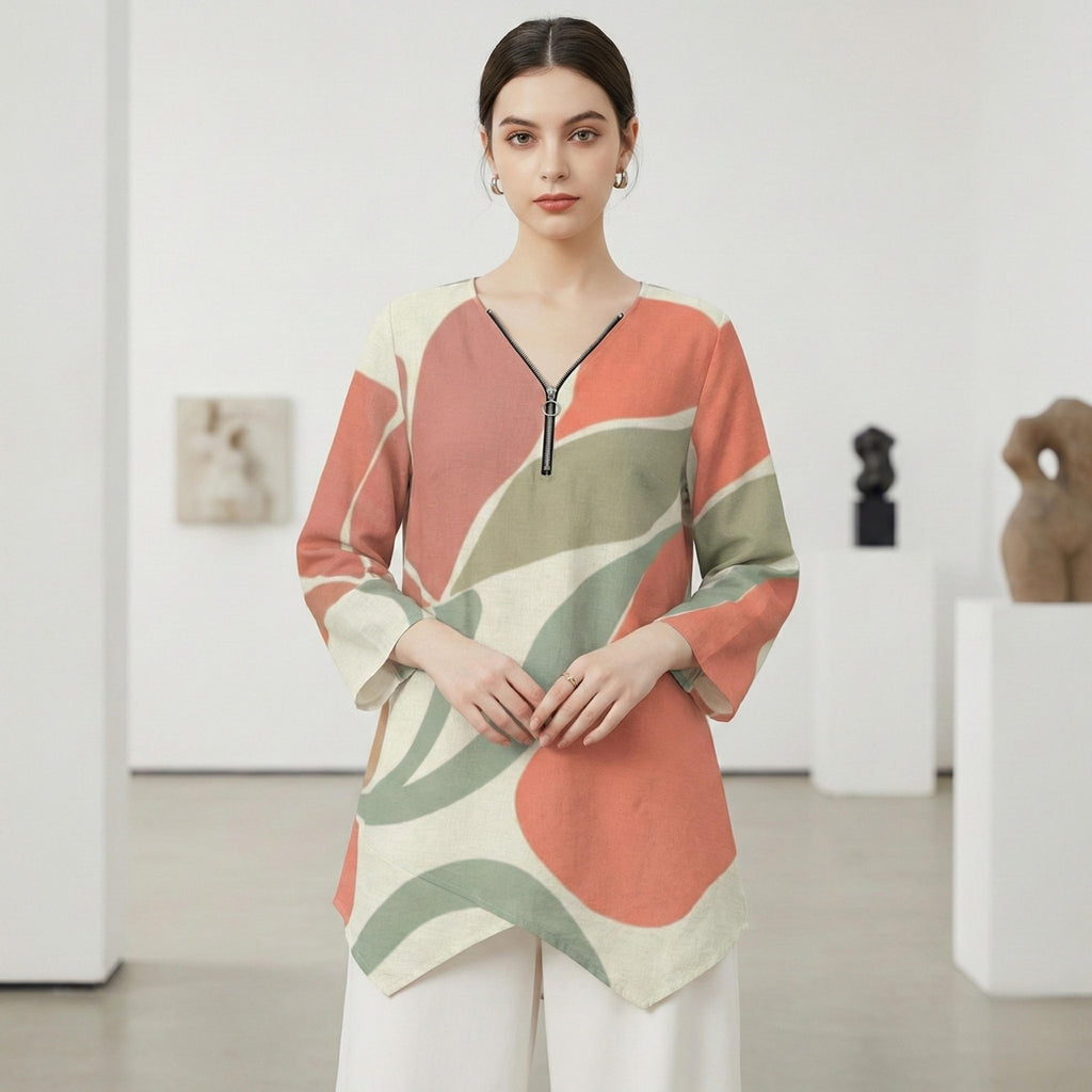 Abstract Leaf Zipper Blouse | V-Neck Linen-Look Tunic