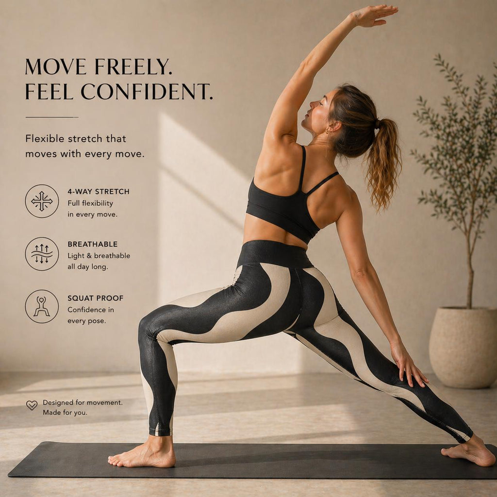 Black Beige Wave Leggings | Abstract High-Waist Yoga Pants