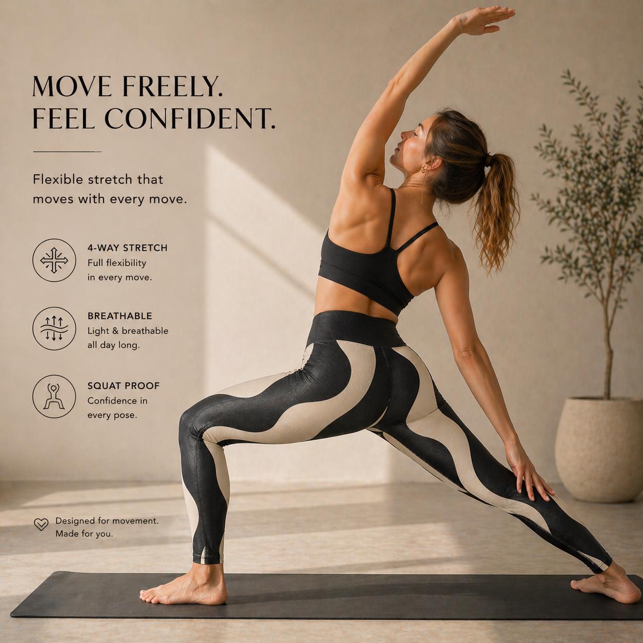 Black Beige Wave Leggings | Abstract High-Waist Yoga Pants