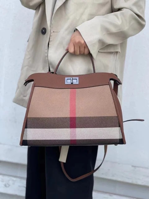 Women's striped 35cm shoulder tote bag in black, green, red or caramel