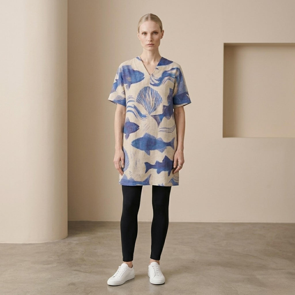 Coastal Fish Print Tunic Dress | Relaxed V-Neck Beach Dress