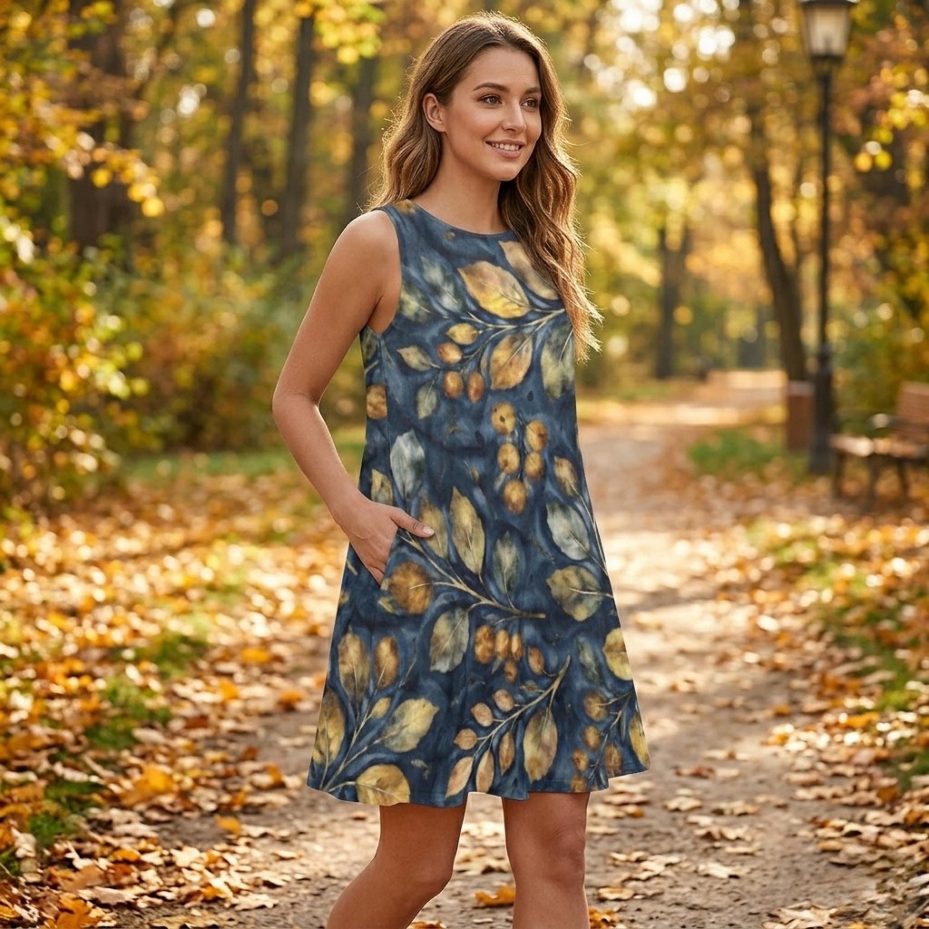 Navy Botanical A-Line Mini Dress | Blue Watercolor Leaf Pocket Dress
