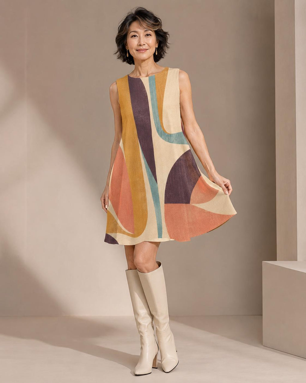 Abstract Print A-Line Mini Dress with Pockets, Retro Resort Summer Style