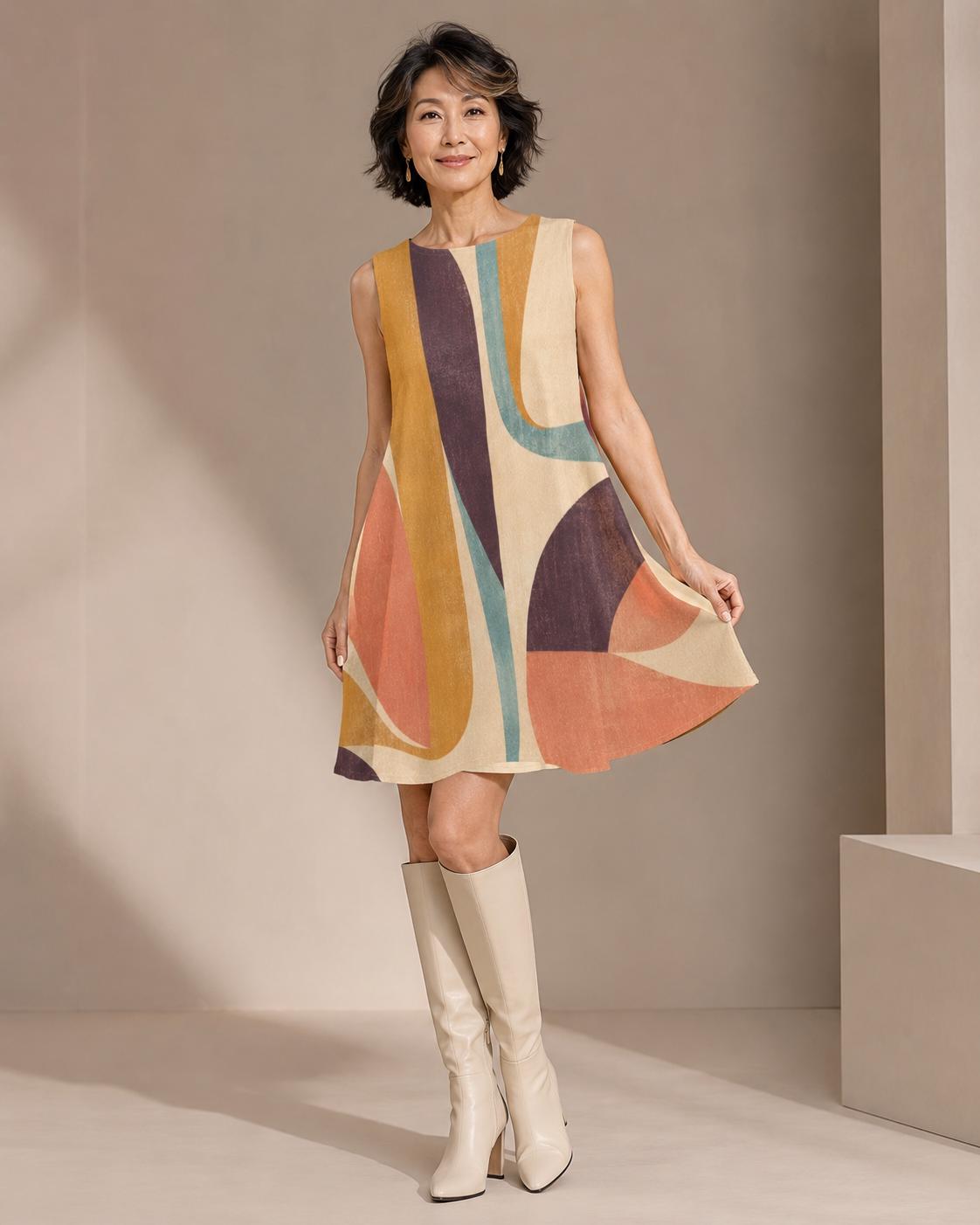 Abstract Print A-Line Mini Dress with Pockets, Retro Resort Summer Style