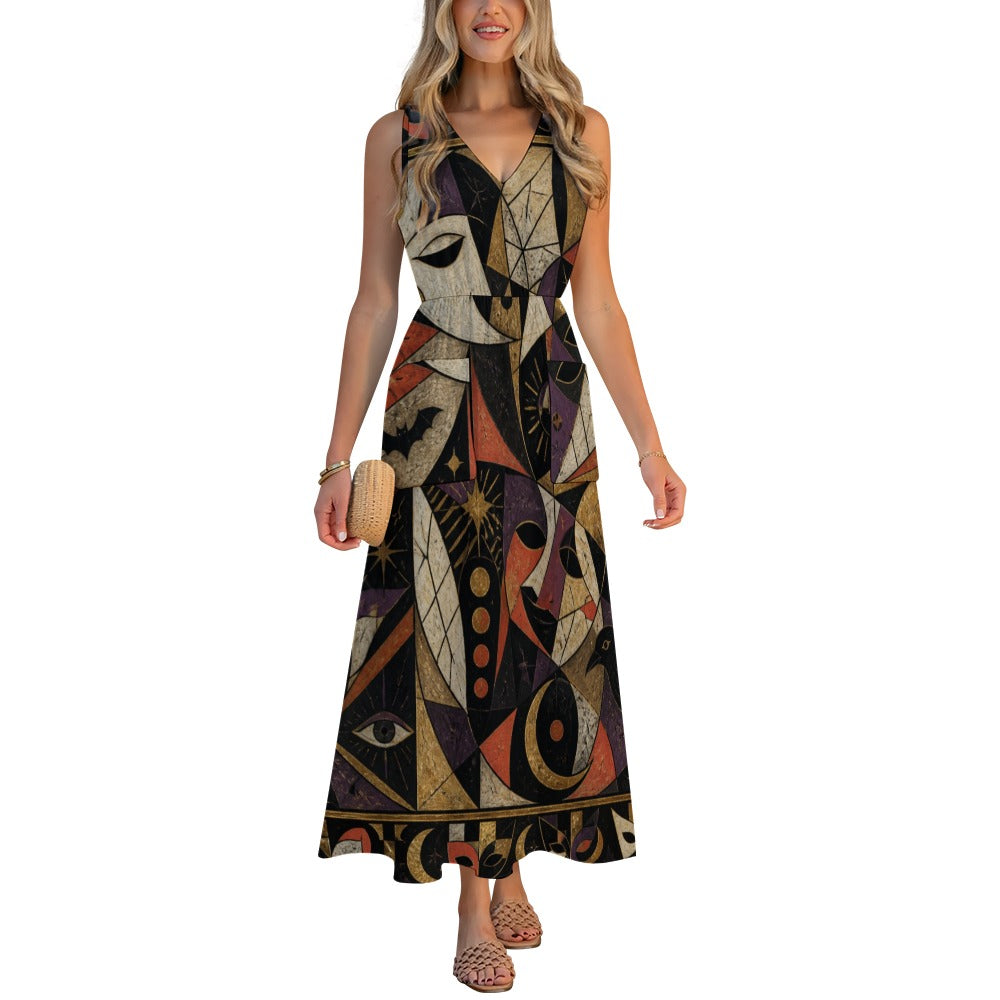 Gothic Halloween Maxi Dress with Pockets | Black Cat Pumpkin