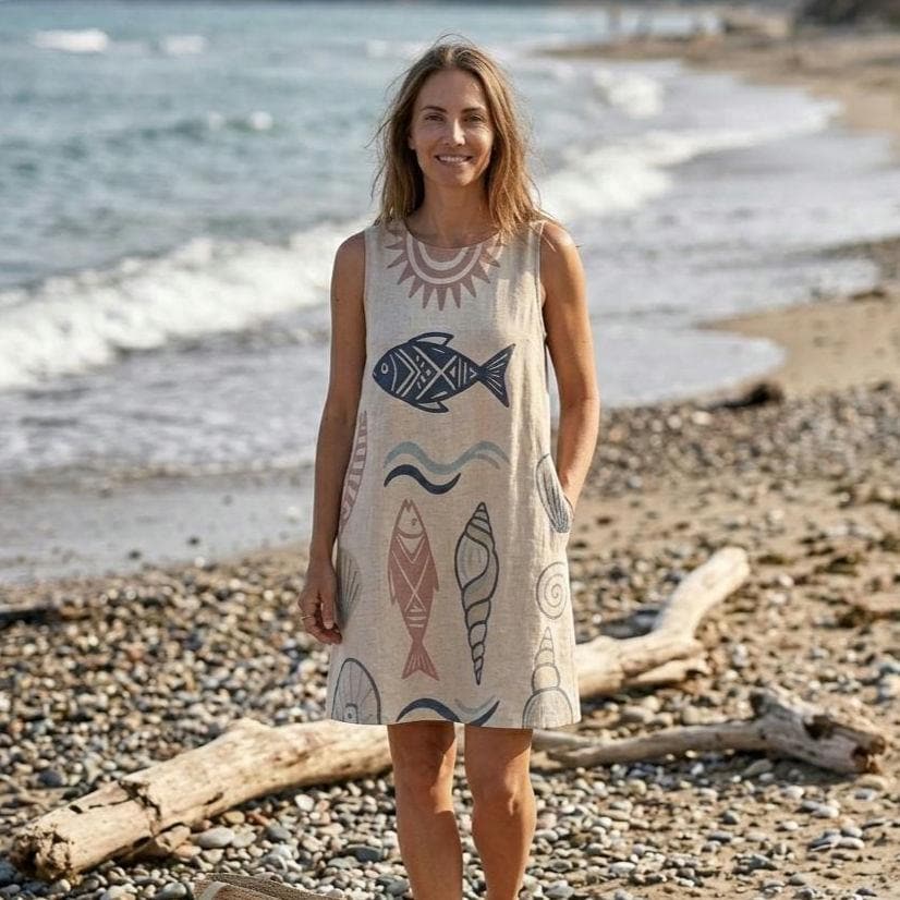 Fish Print A-Line Pocket Dress | Coastal Vacation Resort Dress