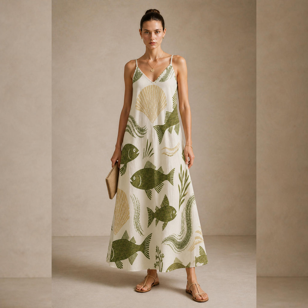 Coastal Fish Print Maxi Dress | Elegant Mediterranean Resort Dress