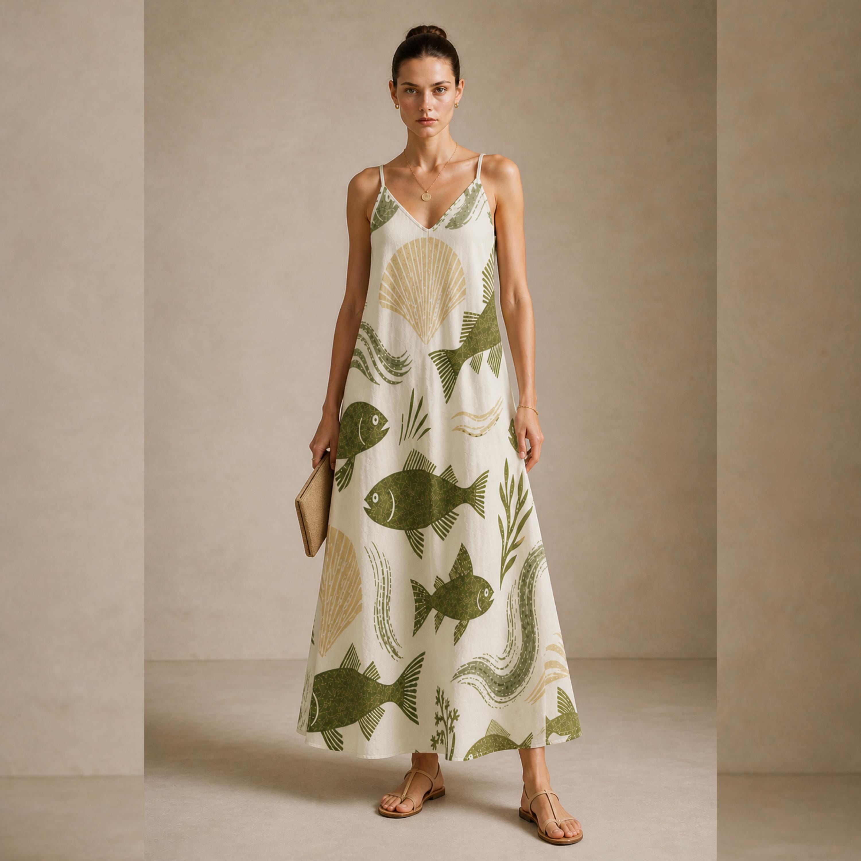 Coastal Fish Print Maxi Dress | Elegant Mediterranean Resort Dress