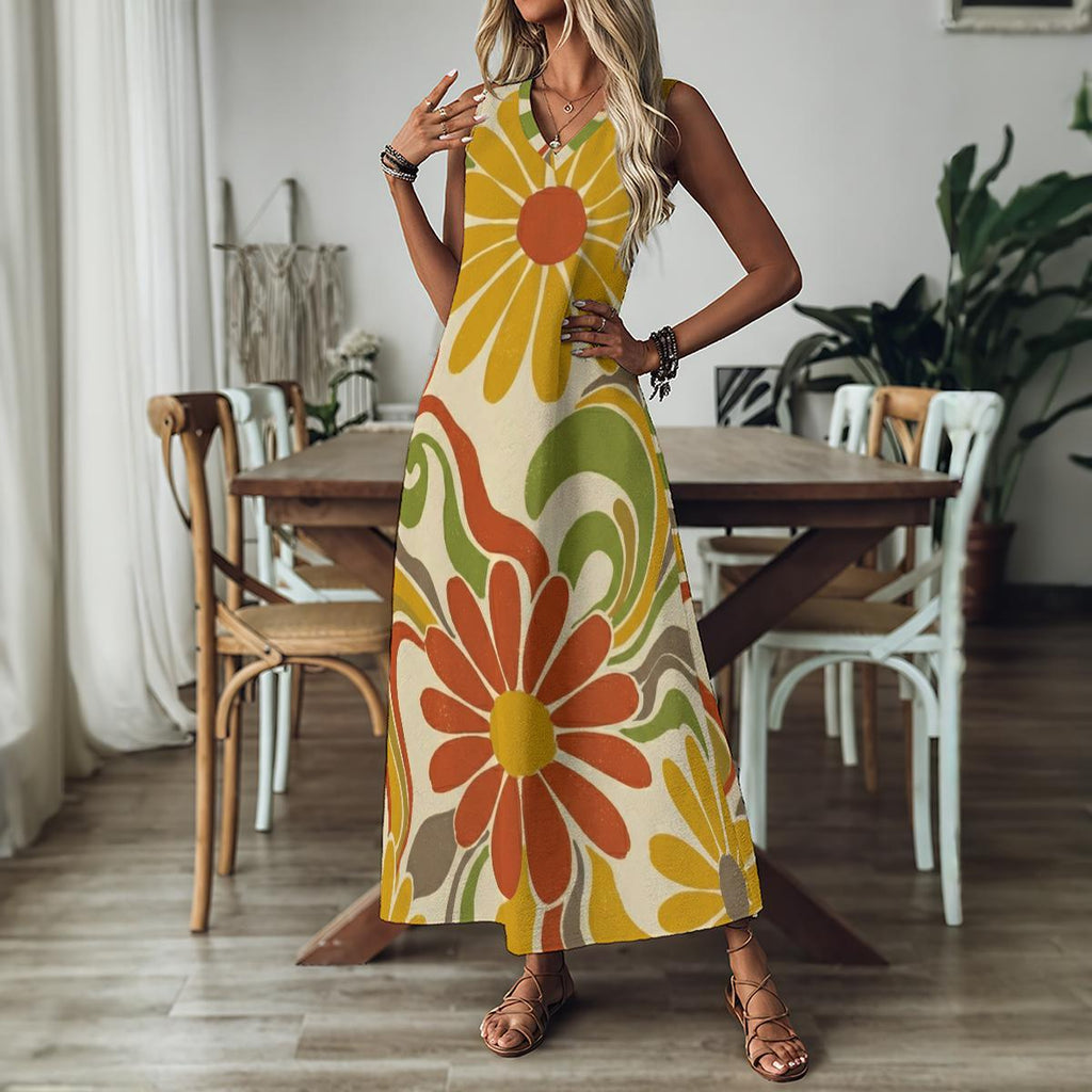 Retro Floral Maxi Dress | Boho Sleeveless Summer Dress