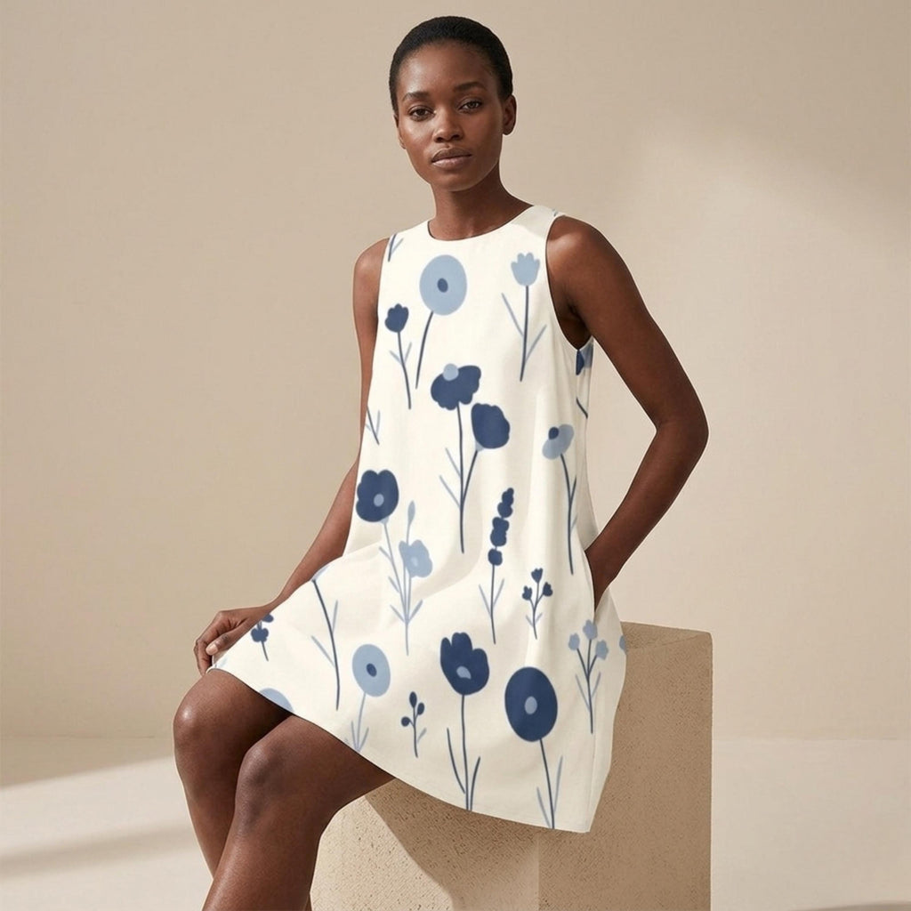 Blue Floral A-Line Mini Dress with Pockets | Scandinavian Summer Dress